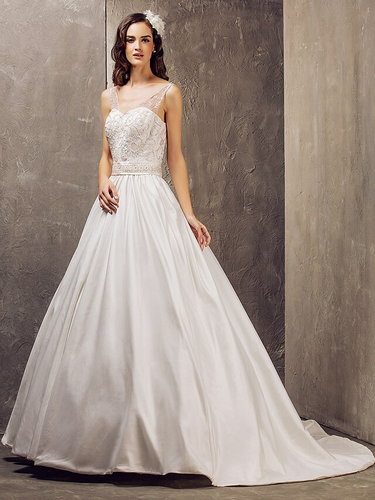 Princess A-Line Wedding Dresses V Neck  Lace Taffeta Sleeveless