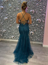 Teal Beaded Spaghetti Straps Corset Long Prom Dress with Slit