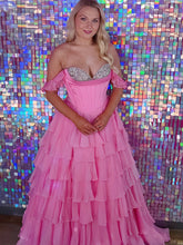 Teal Blue Tiered Ruffle Prom Dress with Crystal Basque Waist Corset