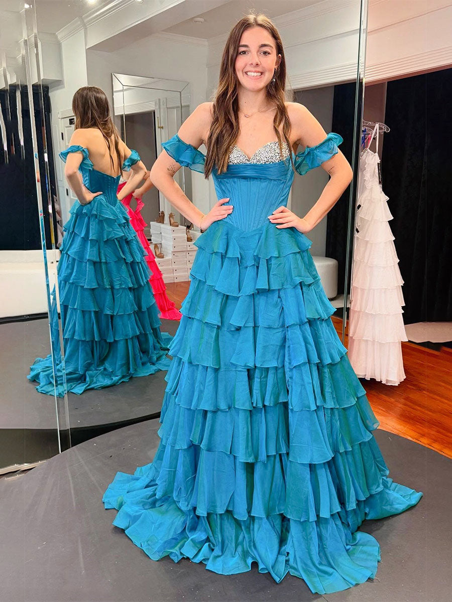 Teal Blue Tiered Ruffle Prom Dress with Crystal Basque Waist Corset