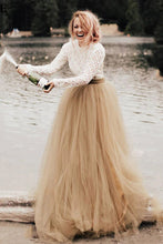 Tulle A-Line Two Pieces Long Sleeves Backless Wedding Dresses, MW530