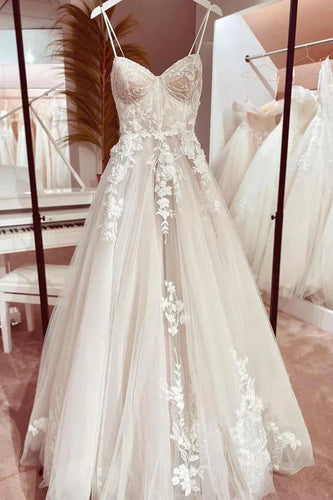 A-line Sweetheart Spaghetti Straps Tulle Wedding Dress With Appliques