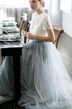 Tulle A-line Two Piece Short Sleeves Wedding Dress With Sweep Train, MW540