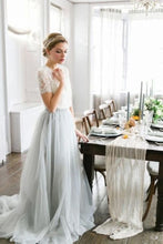 Tulle A-line Two Piece Short Sleeves Wedding Dress With Sweep Train, MW540