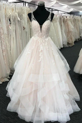 A-line Tulle V-neck Wedding Dresses With Lace Appliques Wedding Gown