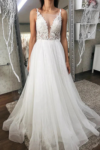 A-line V-neck Tulle Wedding Dresses With Lace Appliques Bridal Gowns