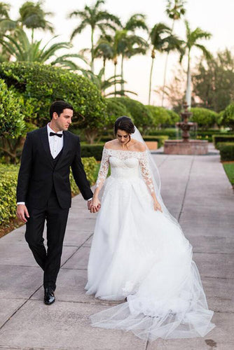 Tulle A line Lace Long Sleeve Off Shoulder Wedding Dress, Bridal Gown, MW536