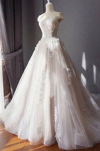 A-line Tulle Ball Gown Off-the-Shoulder Beaded Lace Appliques Wedding Dresses