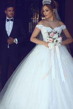 Tulle Ball Gown Off Shoulder Appliqued Wedding Dresses With Sweep Train, MW566