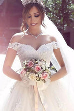 Tulle Ball Gown Off Shoulder Appliqued Wedding Dresses With Sweep Train, MW566
