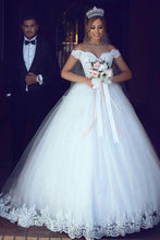 Tulle Ball Gown Off Shoulder Appliqued Wedding Dresses With Sweep Train, MW566