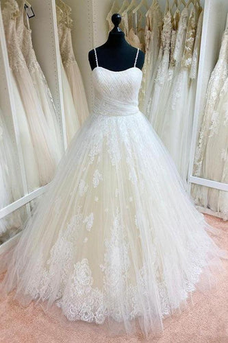 A-line Tulle Ball Gown Spaghetti Straps Lace Appliques Wedding Dresses