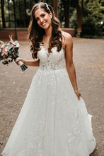 Tulle Lace A-line V-neck Chapel Train Wedding Dresses, Bridal Gowns, MW599
