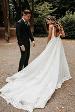 Tulle Lace A-line V-neck Chapel Train Wedding Dresses, Bridal Gowns, MW599