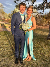 Turquoise Halter V-Neck Side Waist Cutouts Prom Dress with High Slit