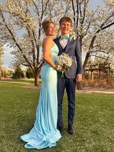 Turquoise Halter V-Neck Side Waist Cutouts Prom Dress with High Slit
