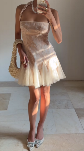 Cute Halter Lace Tulle Homecoming Short Prom Dress Y8502