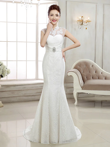 Wedding Dresses High Neck  Lace Cap Sleeve Sexy Illusion Detail Backless with Beading Appliques