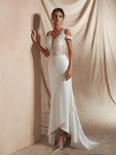 Mermaid Trumpet Wedding Dresses V Neck Asymmetrical Matte Satin Short Sleeve Casual Sexy Illusion Detail Modern with Appliques