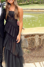 Elegant A-line Layered Tulle Black Prom Dress,Sheer Corset Long Evening Dress,Graduation Dress Y1765