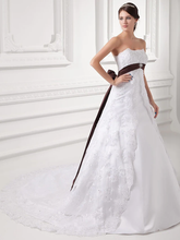 A-Line Wedding Dresses Strapless Chapel Train Lace Satin Tulle Strapless with Sashes  Ribbons Bow(s) Beading