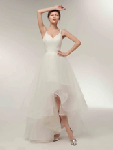 A-Line Wedding Dresses V Neck Asymmetrical Tulle Spaghetti Strap Simple Casual Little White Dress with Side-Draped