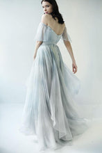 Unique Grey Blue Chiffon Off Shoulder Wedding Dresses, Bridal Gown, MW592