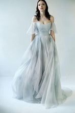 Unique Grey Blue Chiffon Off Shoulder Wedding Dresses, Bridal Gown, MW592
