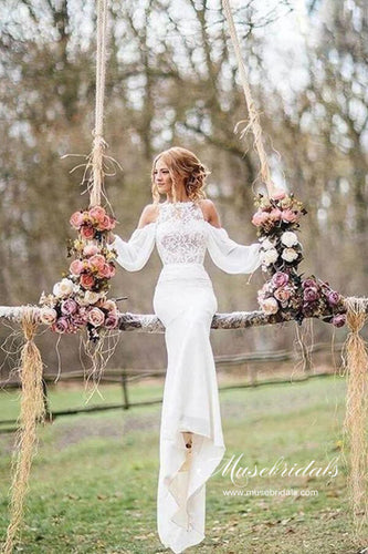 Unique Mermaid Lace Top Long Sleeves Wedding Dresses, Bridal Dress, MW615