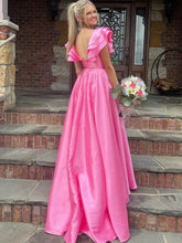 V-Neck Ruffle A-Line Long Prom Dress with Slit