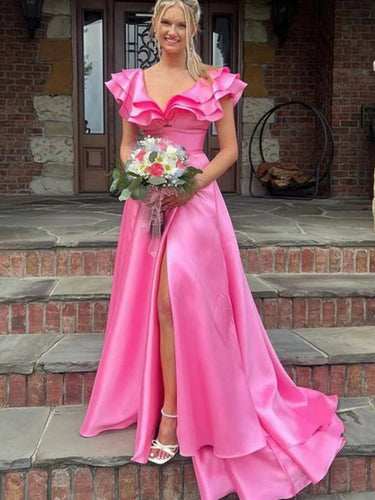 V-Neck Ruffle A-Line Long Prom Dress with Slit