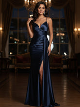 V-Neck Spaghetti Straps Satin Long Prom Dress