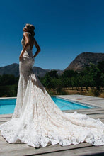 V-neck Sleeveless Mermaid Backless Lace Pocket Wedding Dress With Court Train,MW398