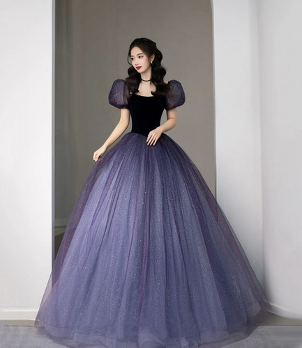 Purple Tulle Sequin Long Princess Dress Evening Gown Y5619