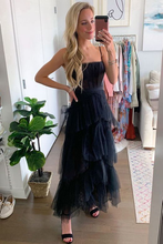 Elegant A-line Layered Tulle Black Prom Dress,Sheer Corset Long Evening Dress,Graduation Dress Y1765