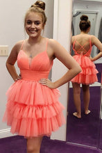 V Neck Layered Coral Short Prom Dresses Homecoming Dresses PD446