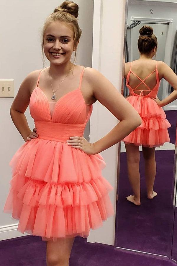 V Neck Layered Coral Short Prom Dresses Homecoming Dresses PD446