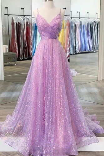 Shiny V Neck Backless Long Purple Prom Dress Backless Purple Formal Graduation Evening Dress Y917