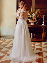 A-Line Wedding Dresses V Neck  Lace Tulle Long Sleeve See-Through with Appliques
