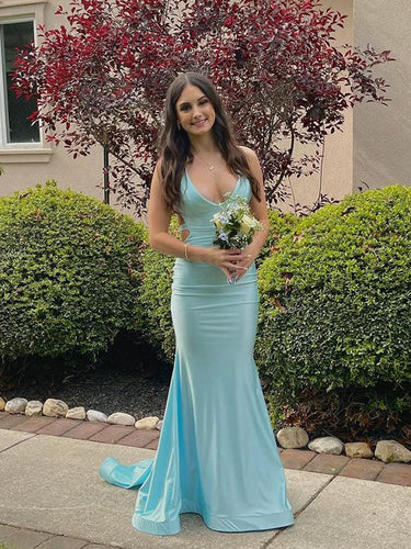 V Neck Mermaid Satin Long Prom Dress with Side Cutouts