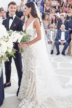 Vintage Lace Mermaid Beaded Deep V Neck Wedding Dress, Bridal Gown, MW558