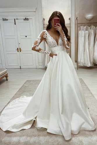 Vintage Satin Lace Ball Gown Deep V Neck Wedding Dresses, Bridal Gown, MW593