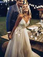 A-Line Wedding Dresses V Neck  Train Lace Tulle Spaghetti Strap Simple Backless