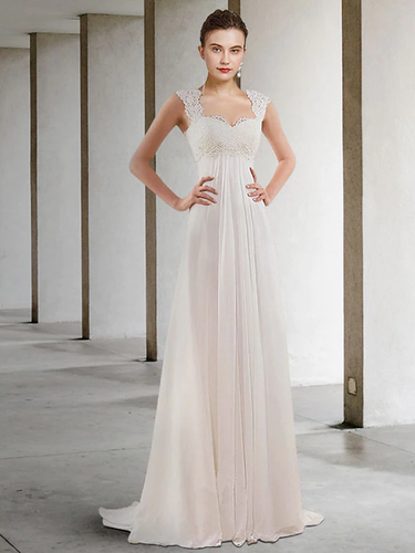 Wedding Dresses Scoop Neck  Chiffon Lace Sleeveless Simple Sexy with Pleats Appliques