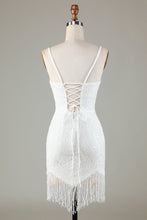 Sparkly White Lace-Up Back Beaded Short Homecoming Dress with Tassel