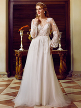 A-Line Wedding Dresses V Neck  Lace Tulle Long Sleeve See-Through with Appliques