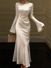 Women's O-Neck Satin Evening Dress Simple White Cocktail Dress Y6894