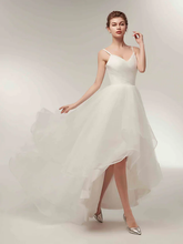 A-Line Wedding Dresses V Neck Asymmetrical Tulle Spaghetti Strap Simple Casual Little White Dress with Side-Draped