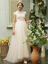 A-Line Wedding Dresses High Neck Sweep  Brush Train Tulle Short Sleeve Open Back with Bowknot Sash  Ribbon Beading