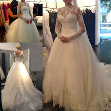 White Long Sleeve Cheap V-back A-line Lace Tulle Wedding Dresses, MW238